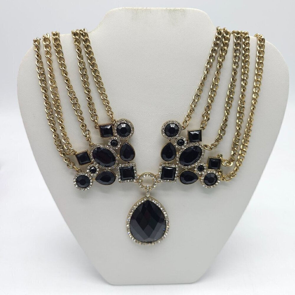 Erica Lyons Elegant Statement Festoon Necklace With Black Gemstones Gold Chains